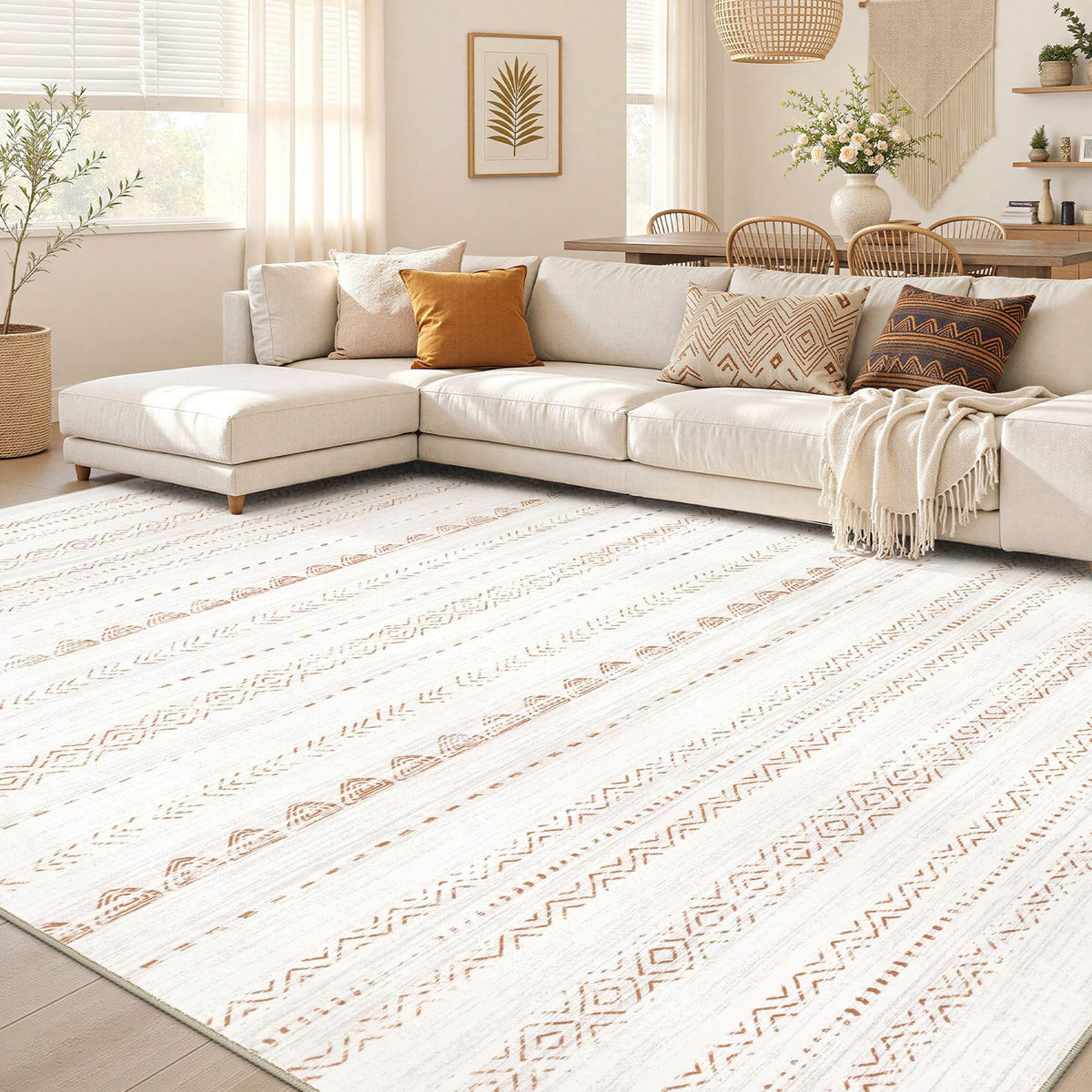 Nakagishi 10X14 Area Rugs for Living Room: Washable Modern Abstract Rug with Non-Slip Silicone Backing Low Pile Soft Carpet for Bedroom & Dining Decor Ideal for Families with Kids and Pets-Brown