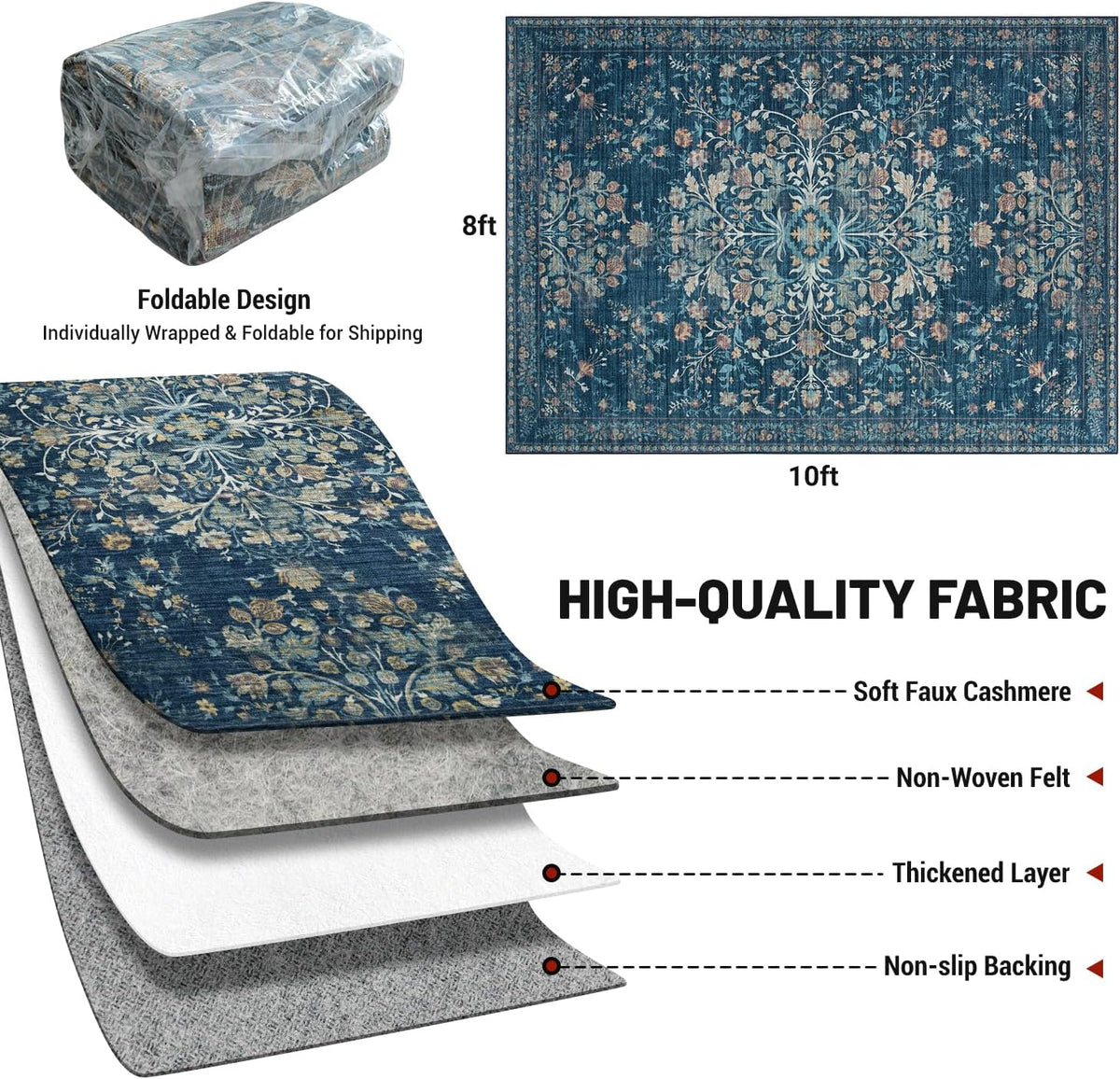 Washable Rugs 8x10 Area Rugs for Living Room,Ultra Soft Faux Wool Retro Carpets,Non Slip Backing,Durable Edge Binding,Stain Resistant,The Large Carpet for Bed Room,Dining Room,Office Decor