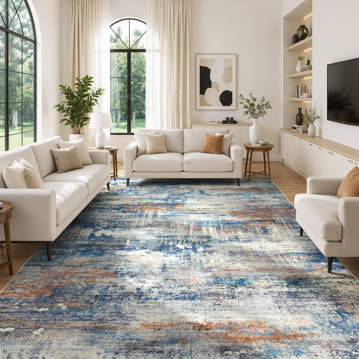 Living Room Rug 5x7, Washable Modern Abstract Rugs Black and White