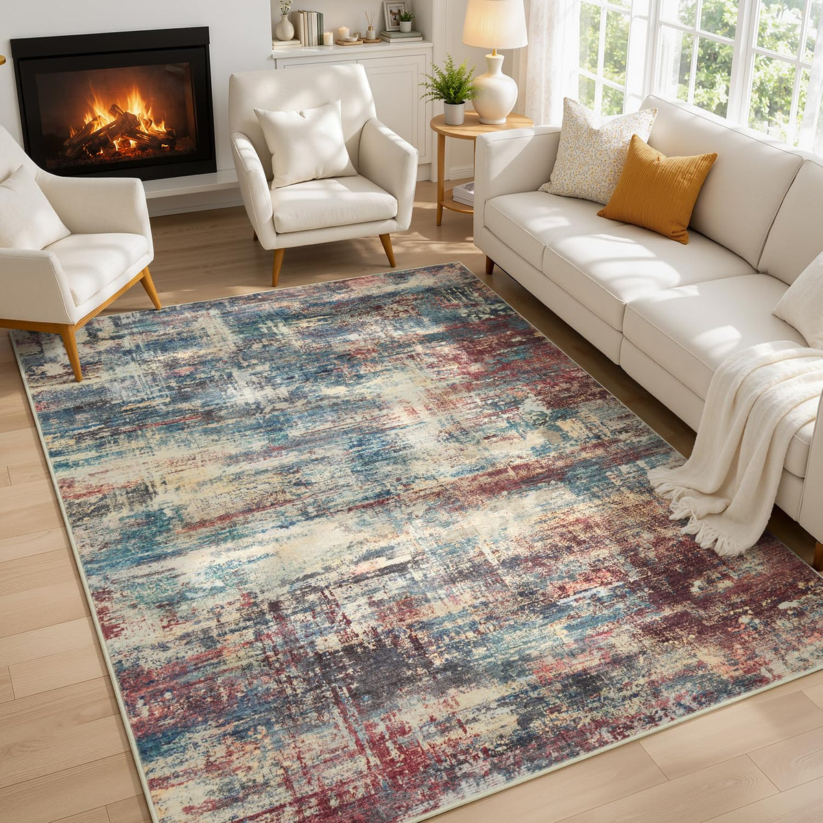 Living Room Rug 5x7, Washable Modern Abstract Rugs Black and White