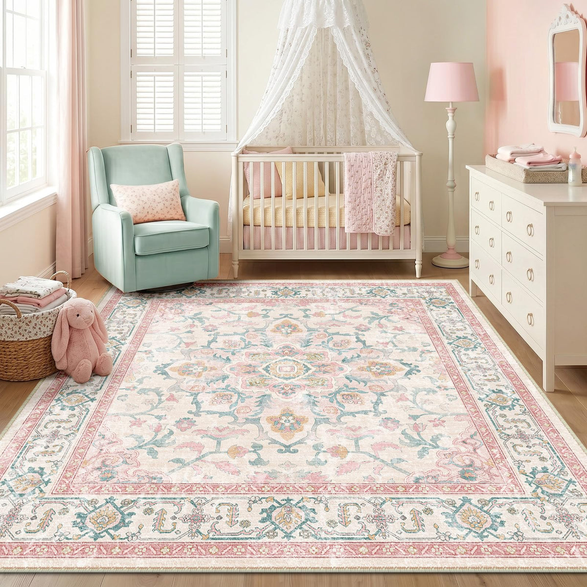 CAPALOCA 5x7 Washable Nursery Girls Low Pile Area Rug Pink