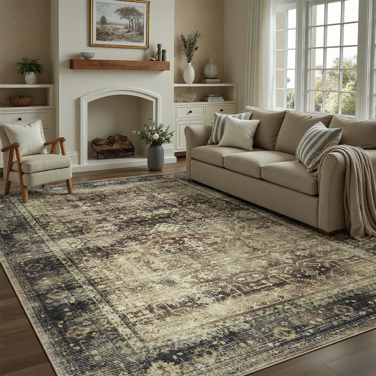 DCX 8x10 Area Rug Living Room: Washable Botanical Carpet Blue and Green