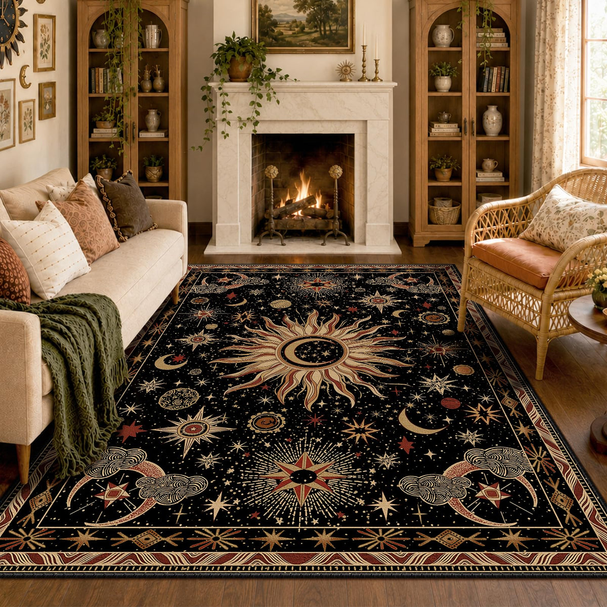 Vacuum-Friendly, 8x10 Washable Area Rug, Black Gold Beige Red