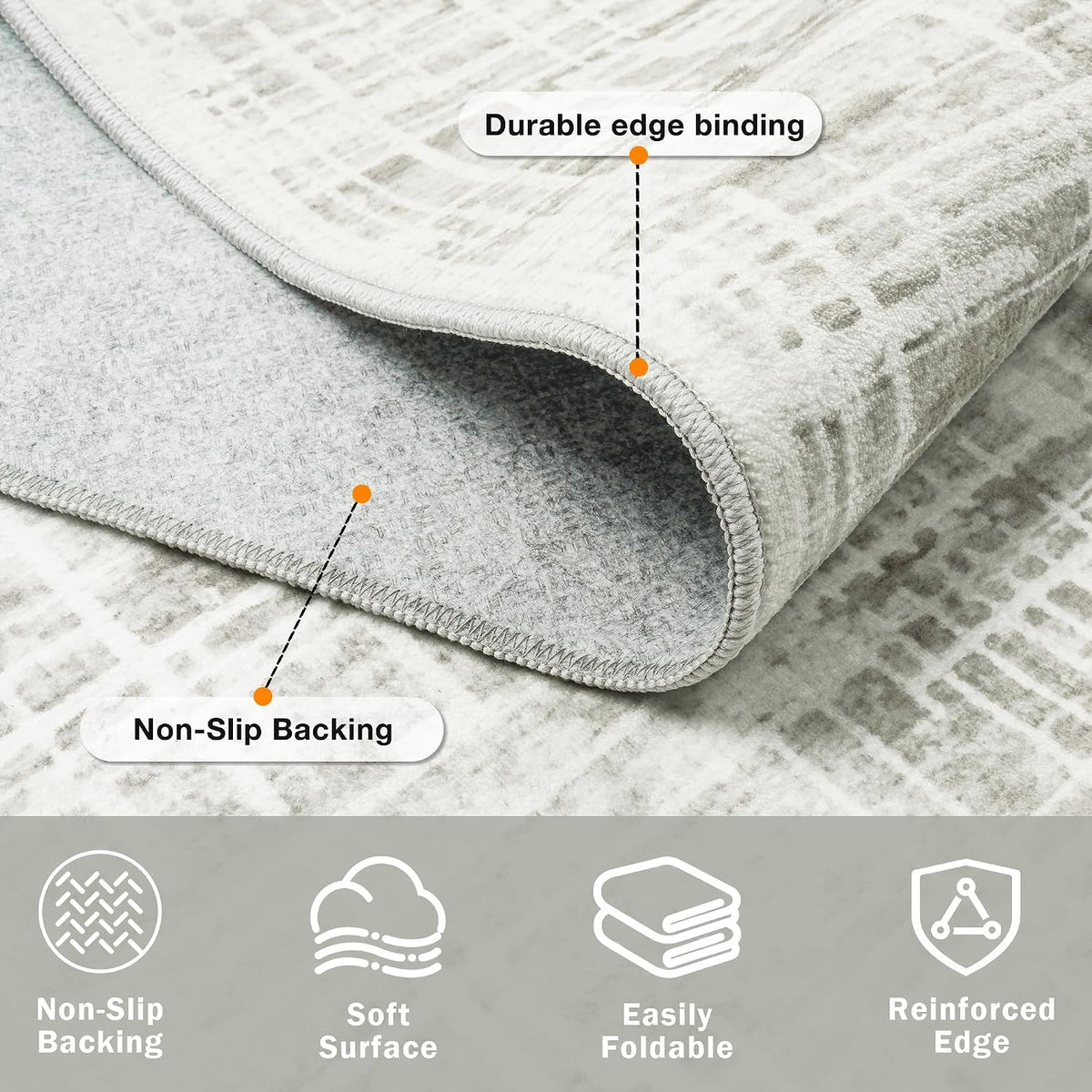 8x10 Washable Area Rug for Living Room Bedroom: Non-Slip Modern White Gray
