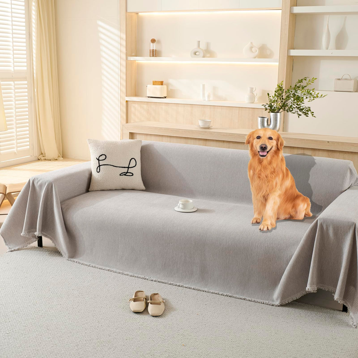 100% Waterproof Couch Cover for Pets Washable Sofa Covers for 3-4 Cushion Couch Sofa SlipCover for Dogs Pet-Friendly Furniture Protector for Living Room with Tassel(71" x 134", Beige)