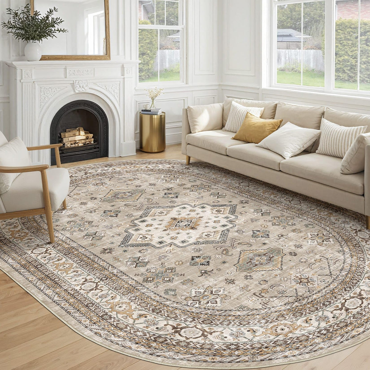 cotiled 9x12 Area Rug for Living Room, Washable, Traditional, Beige