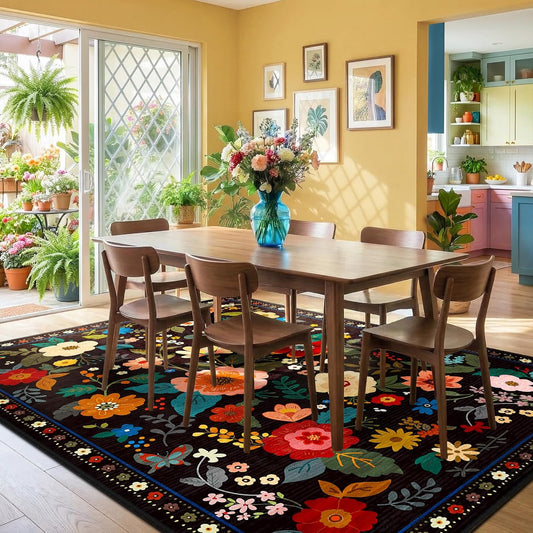 RELEANY Floral Washable 5x7 Area Rugs Black