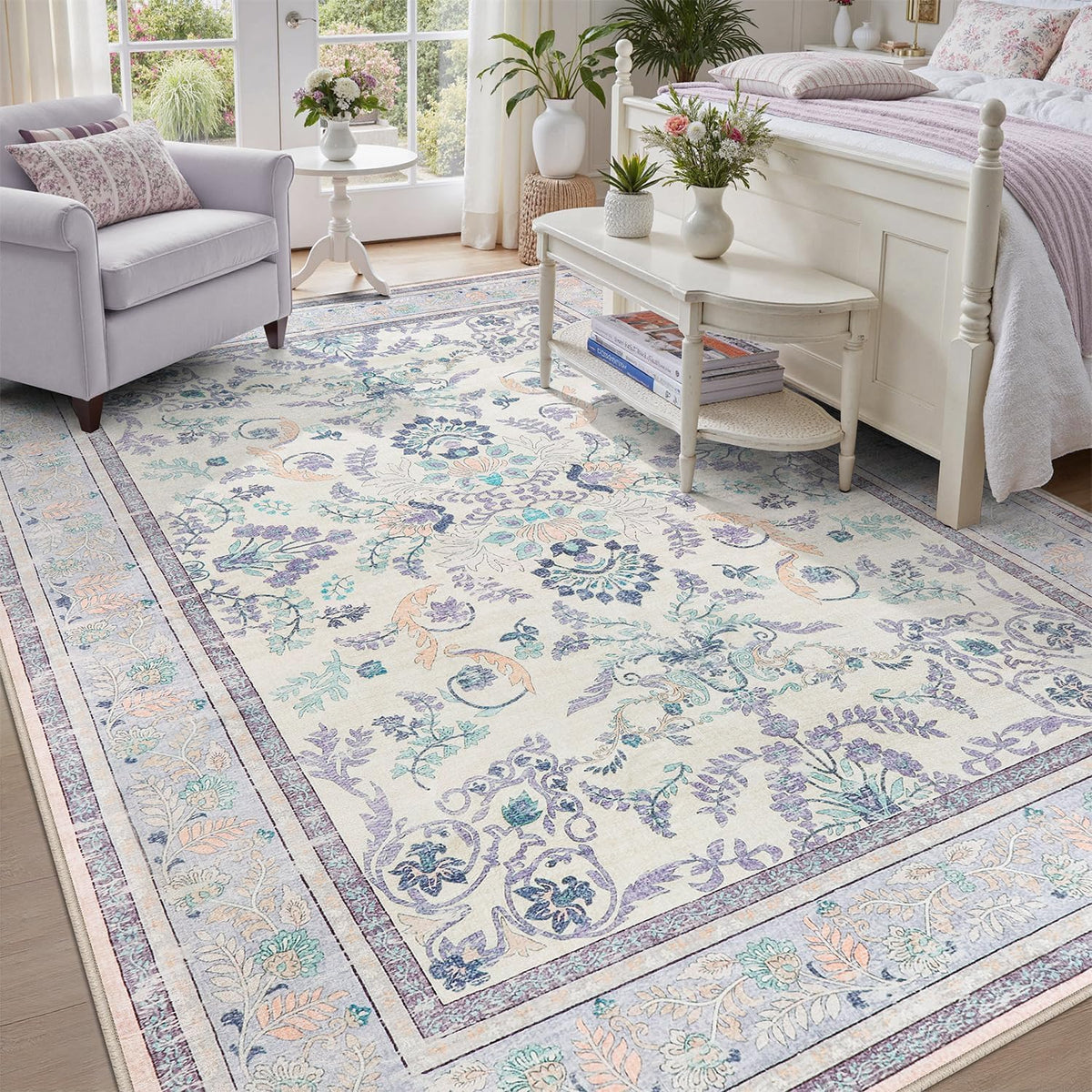 DCX 8x10 Area Rug Living Room: Washable Botanical Carpet Blue and Green