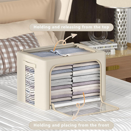 3Pack Frame Storage Box - Clothes Storage Bin Bags Oxford Fabric Foldable Stackable Container Organizer Set with Clear Window & Carry Handles Large Capacity (Beige, Small-22L)