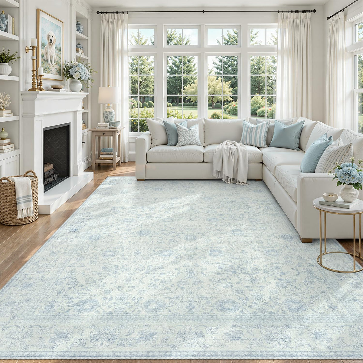 DCX 8x10 Area Rug Living Room: Washable Botanical Carpet Blue and Green