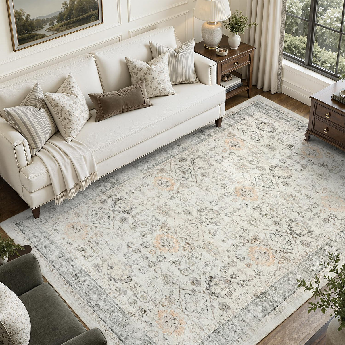 DCX 8x10 Area Rug Living Room: Washable Botanical Carpet Blue and Green