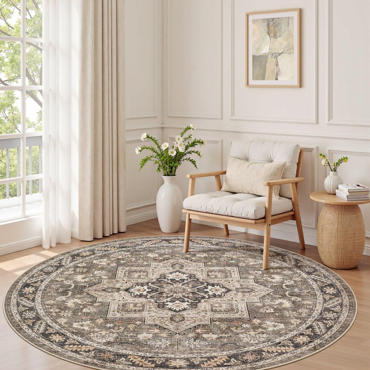 cotiled 9x12 Area Rug for Living Room, Washable, Traditional, Beige