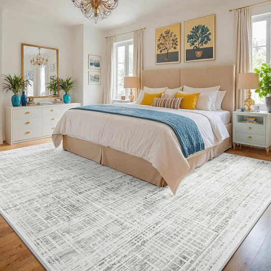 8x10 Washable Area Rug for Living Room Bedroom: Non-Slip Modern White Gray