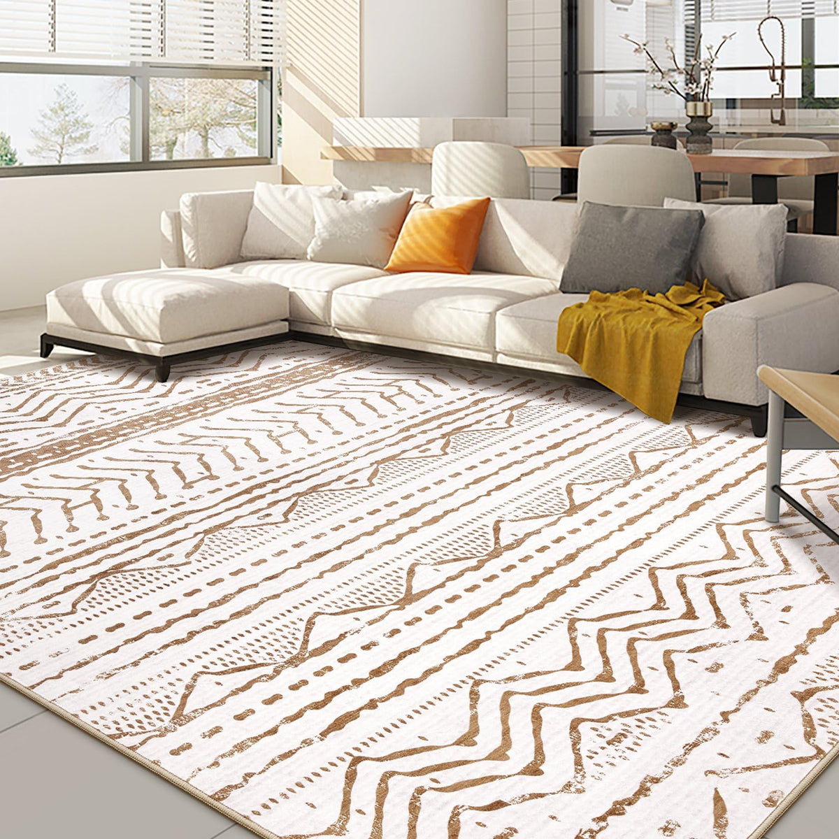 Nakagishi 10X14 Area Rugs for Living Room: Washable Modern Abstract Rug with Non-Slip Silicone Backing Low Pile Soft Carpet for Bedroom & Dining Decor Ideal for Families with Kids and Pets-Brown