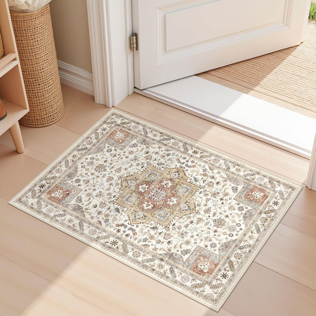 cotiled 9x12 Area Rug for Living Room, Washable, Traditional, Beige