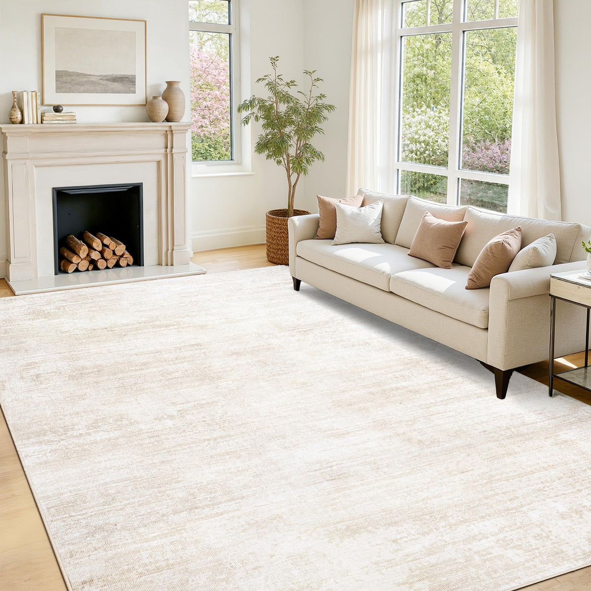 Tosuoka Washable Rug 8x10 Area Rugs for Living Room, Beige Cream Abstract