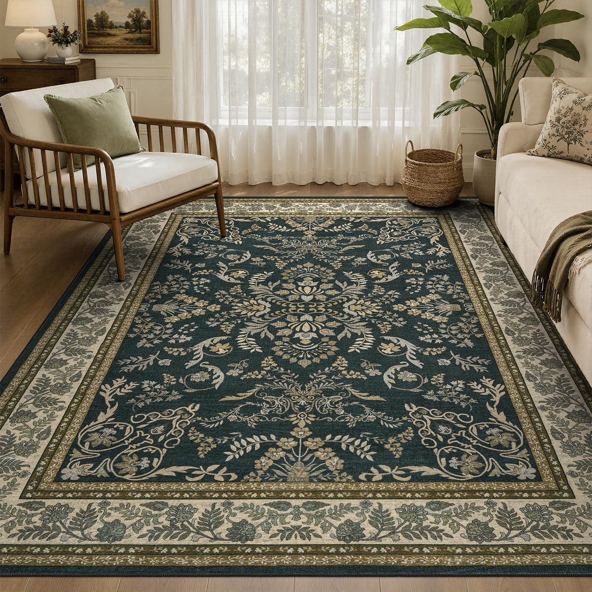 DCX 8x10 Area Rug Living Room: Washable Botanical Carpet Blue and Green