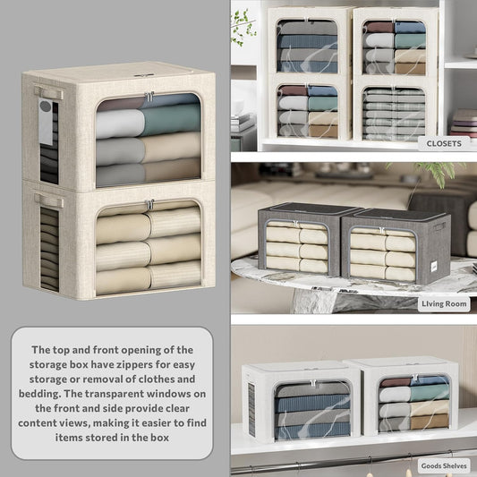 4 Pack Clothes Storage Bins with Metal Frame - 22L Stackable Storage Box with Lid,Foldable Storage Container Organizer for Clothes,Linen Fabric Storage Box with Clear Window&Zippers&Handles