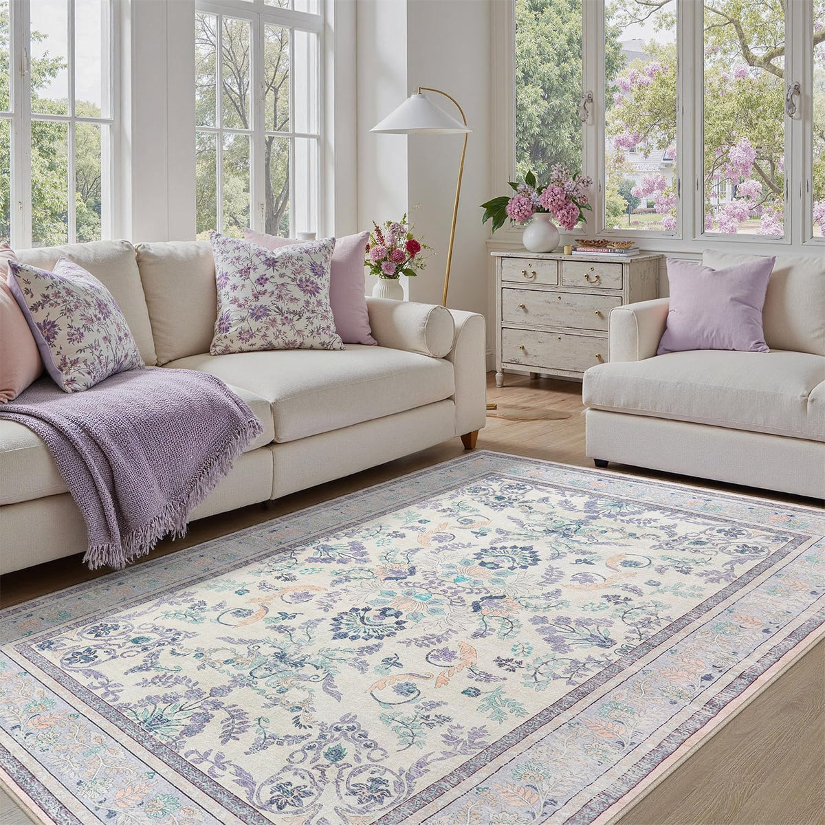 DCX 8x10 Area Rug Living Room: Washable Botanical Carpet Blue and Green