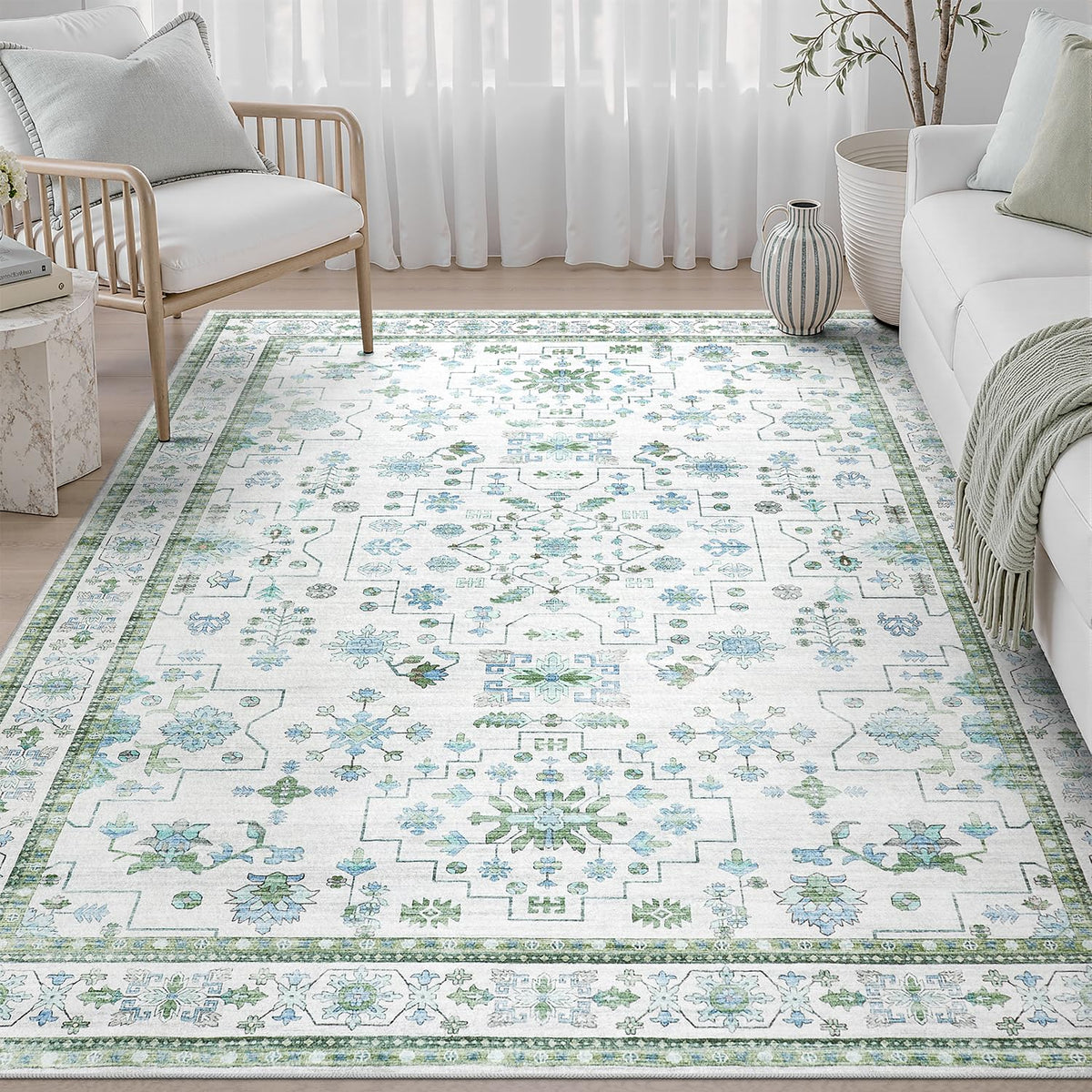 DCX 8x10 Area Rug Living Room: Washable Botanical Carpet Blue and Green