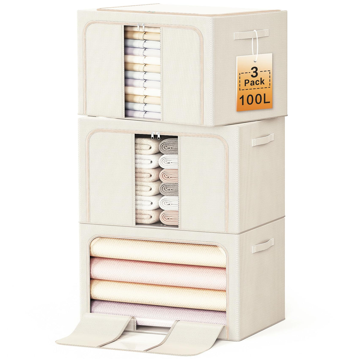 Clothes Storage Bins with Metal Frame, Foldable Clothes Organizers Storage Containers for Clothes, Sheets, Blankets, Pillows and Towels (24L, 3 Pack) Beige