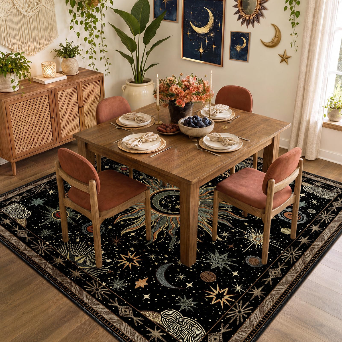 Vacuum-Friendly, 8x10 Washable Area Rug, Black Gold Beige Red