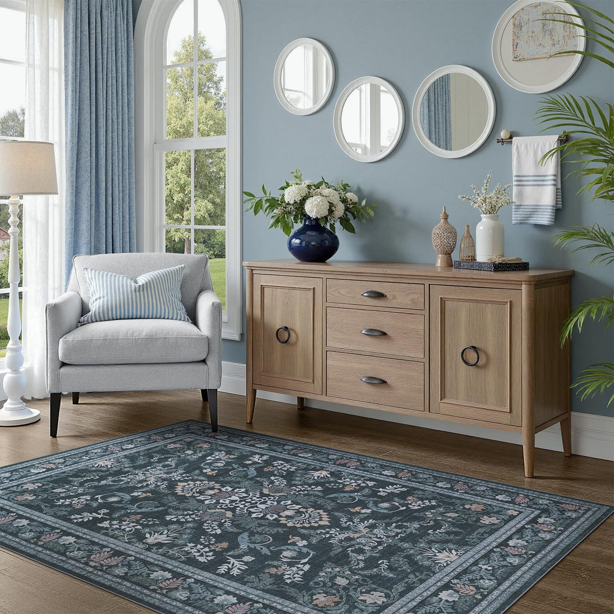 DCX 8x10 Area Rug Living Room: Washable Botanical Carpet Blue and Green