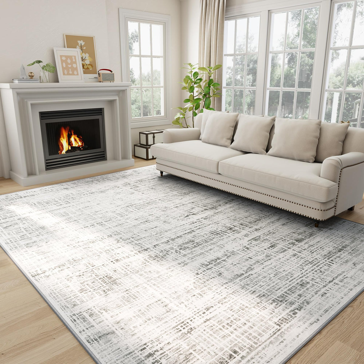 8x10 Washable Area Rug for Living Room Bedroom: Non-Slip Modern White Gray