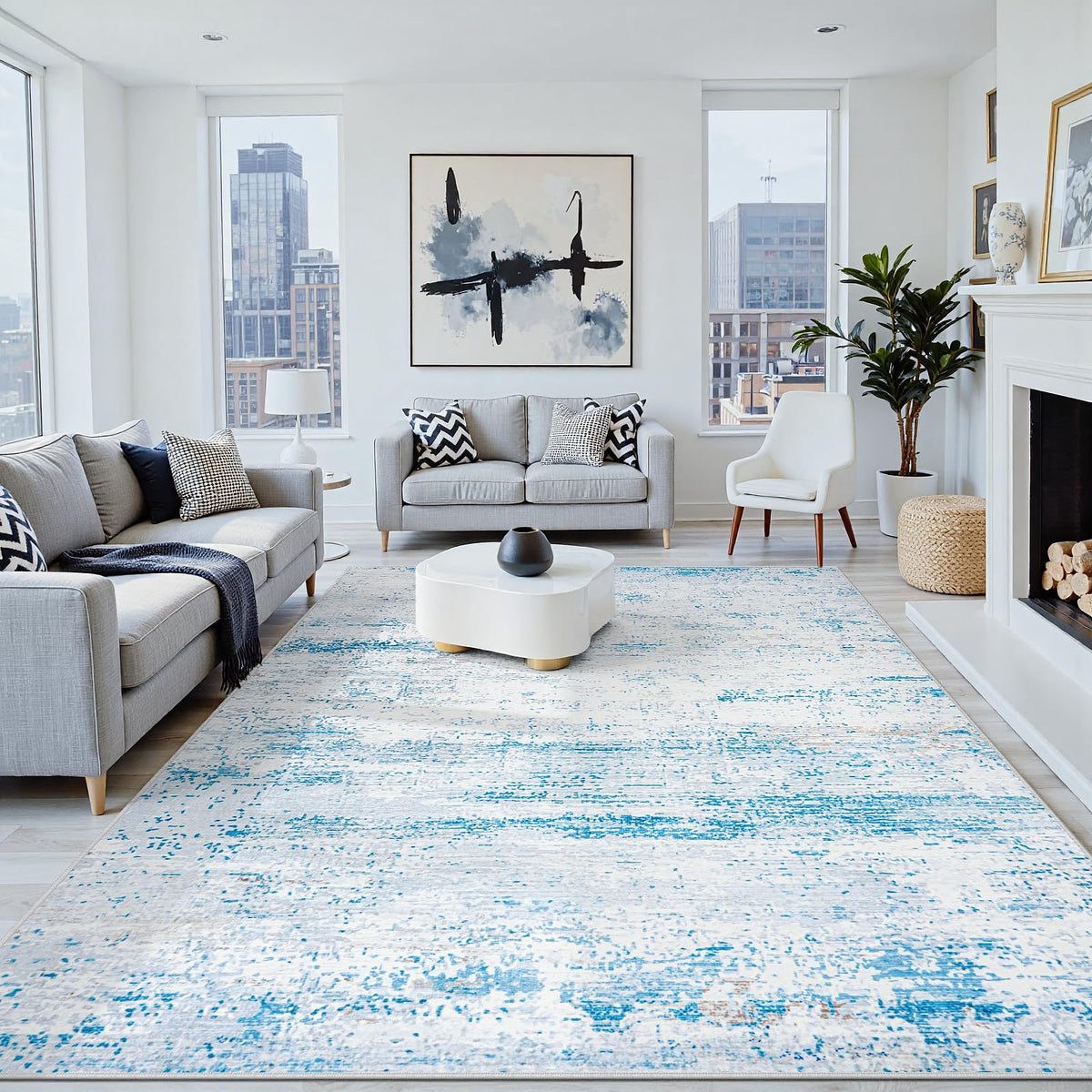 8x10 Washable Area Rug for Living Room Bedroom: Non-Slip Modern White Gray