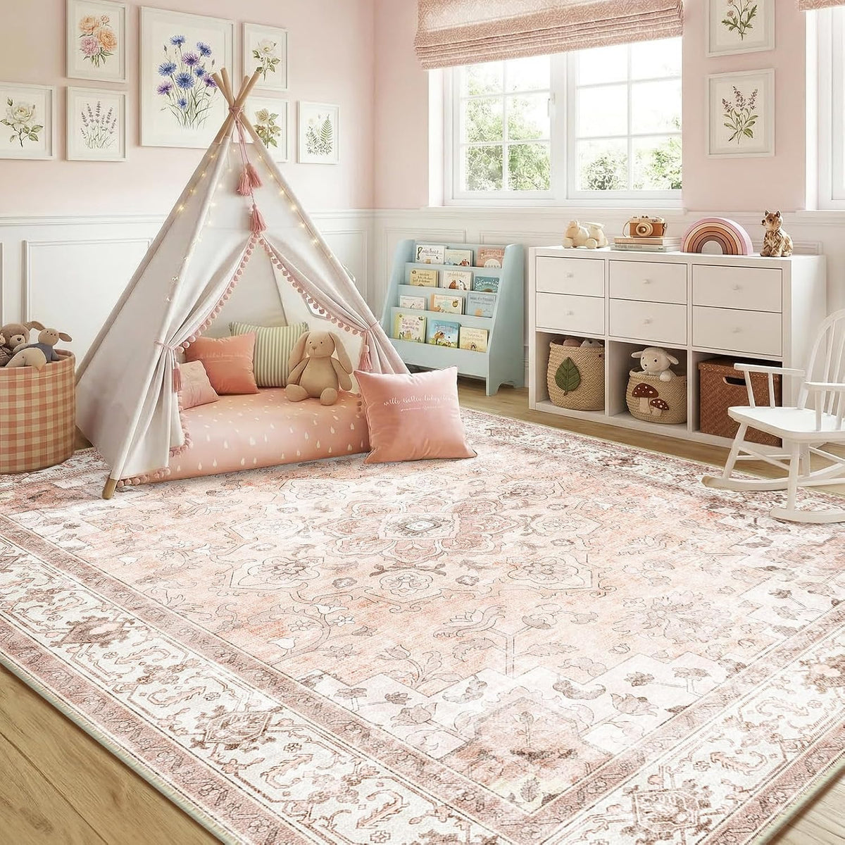 CAPALOCA 5x7 Washable Nursery Girls Low Pile Area Rug Pink
