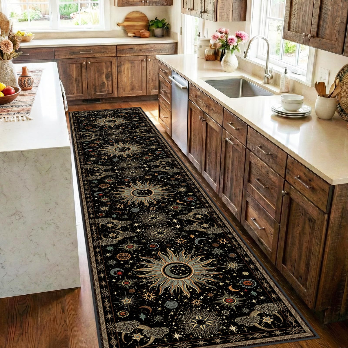 Vacuum-Friendly, 8x10 Washable Area Rug, Black Gold Beige Red