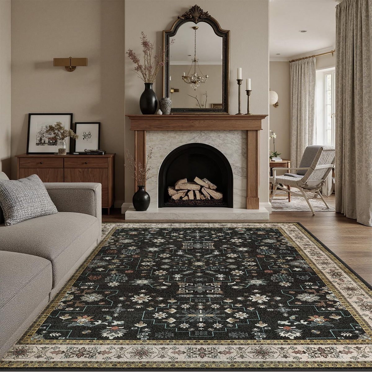 DCX 8x10 Area Rug Living Room: Washable Botanical Carpet Blue and Green
