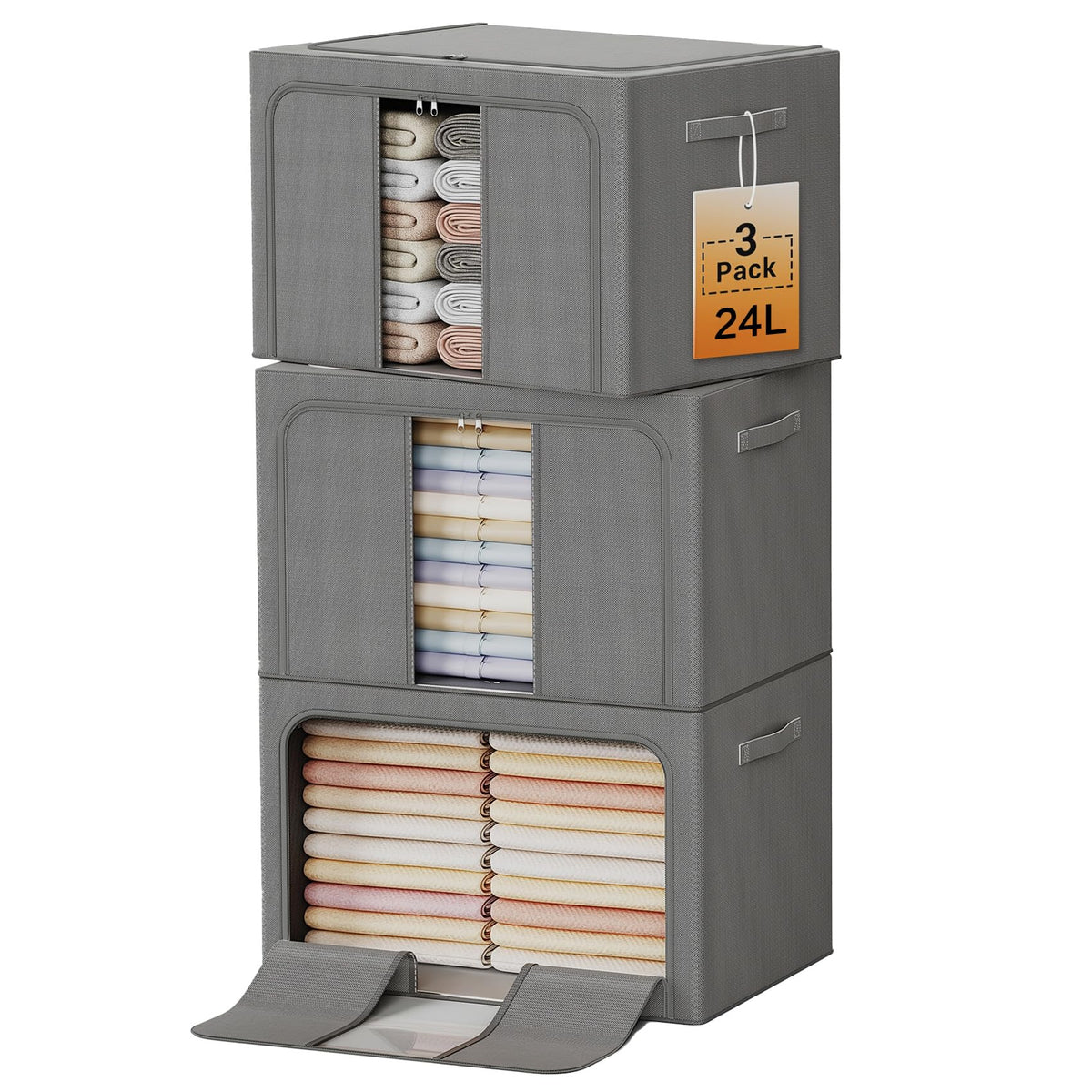Clothes Storage Bins with Metal Frame, Foldable Clothes Organizers Storage Containers for Clothes, Sheets, Blankets, Pillows and Towels (24L, 3 Pack) Beige