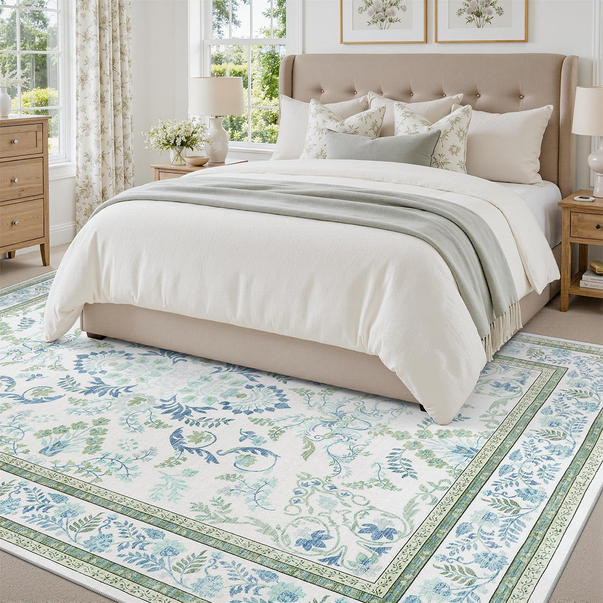 DCX 8x10 Area Rug Living Room: Washable Botanical Carpet Blue and Green