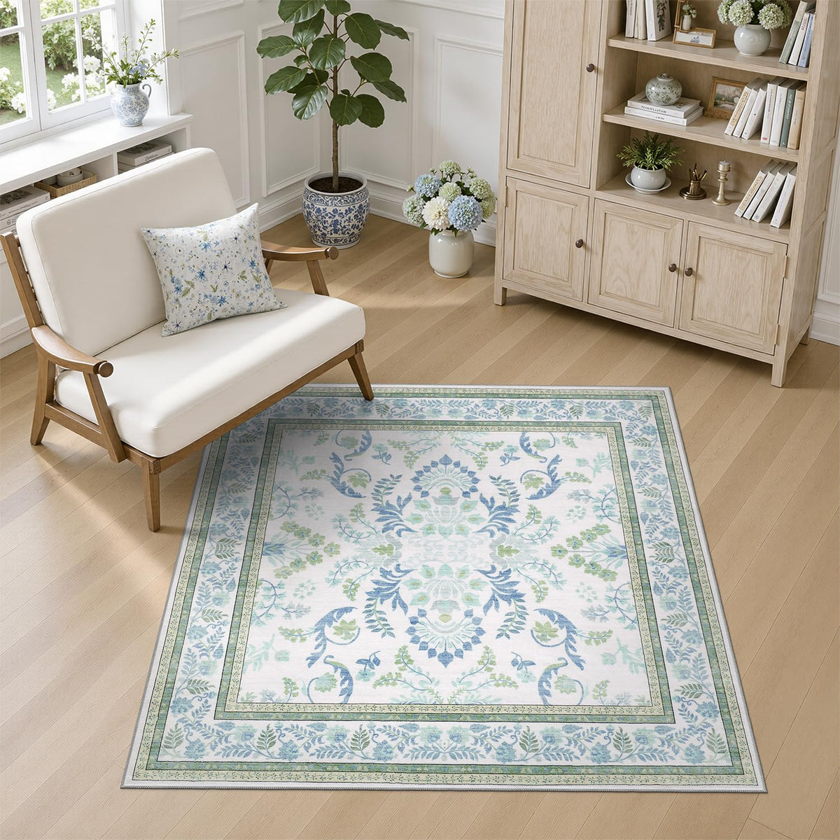 DCX 8x10 Area Rug Living Room: Washable Botanical Carpet Blue and Green