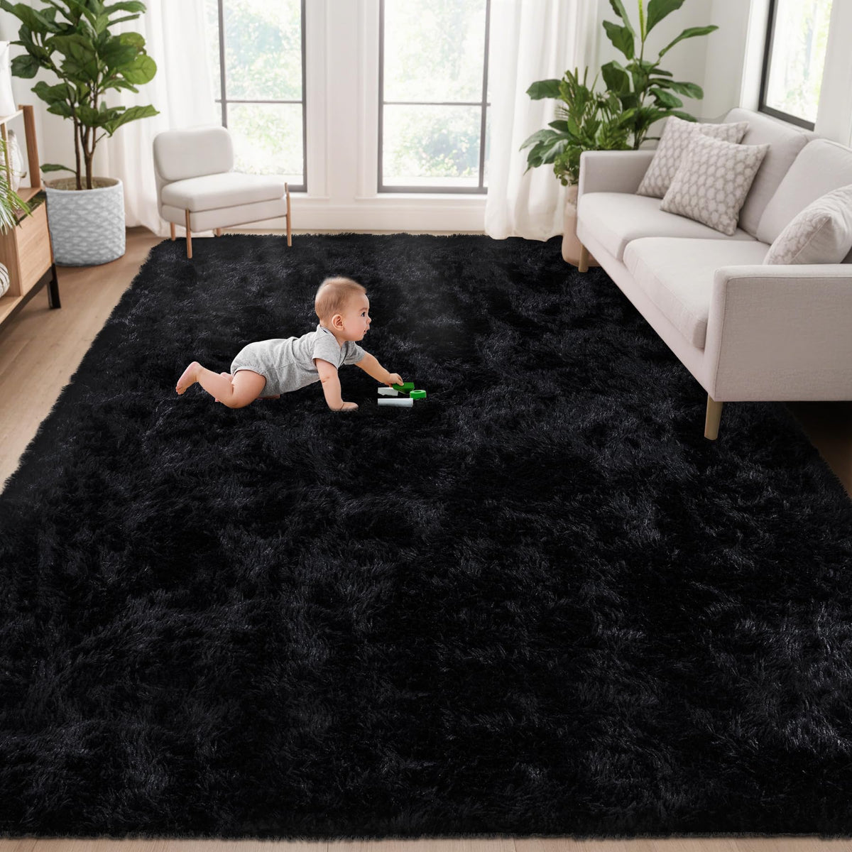 8x10 Area Rugs for Living Room: Fluffy Shag Soft Washable Rug Large Fuzzy Plush Indoor Carpet for Bedroom Nursery Playroom Kids Girls Boys Room (Black, 8'x10')