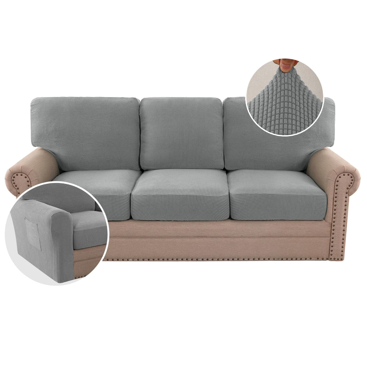 H.VERSAILTEX Multi-Pieces Sofa Covers Stretch Couch Covers Form Fitted Seats and Back Cushions Covers (3 Seat Covers Plus 3 Back Cusion Covers, Bonus 2 Armrest Covers), Sand