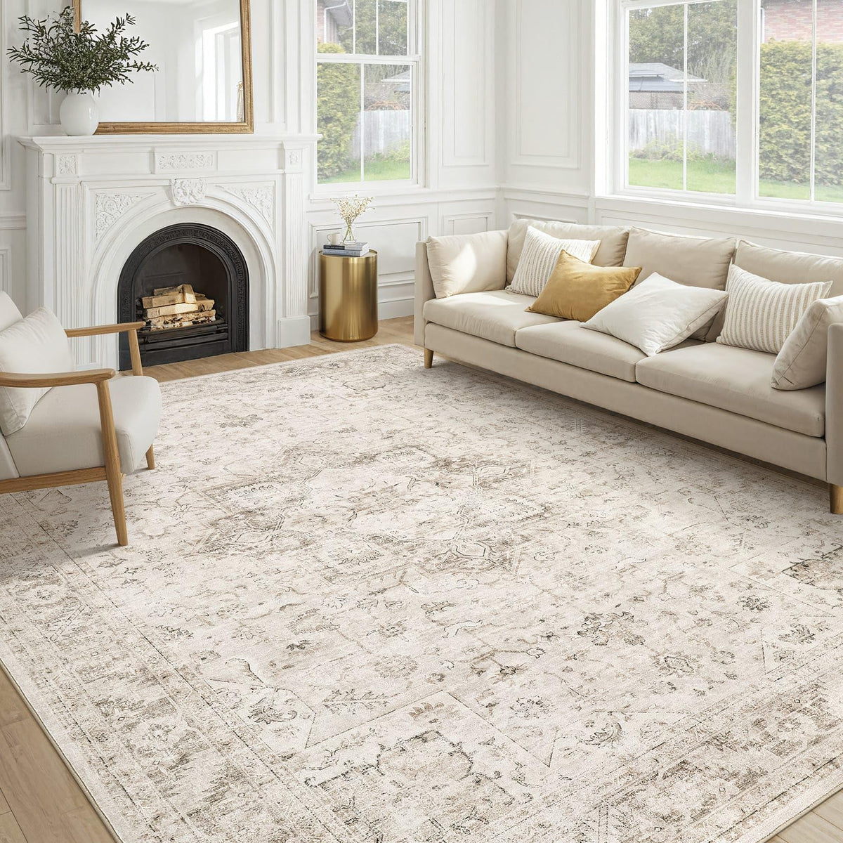 cotiled 9x12 Area Rug for Living Room, Washable, Traditional, Beige