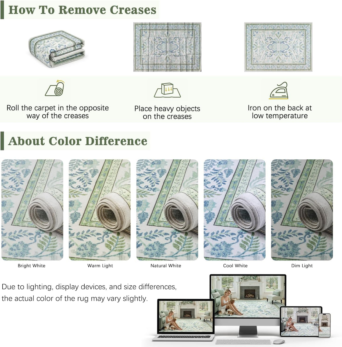 DCX 8x10 Area Rug Living Room: Washable Botanical Carpet Blue and Green