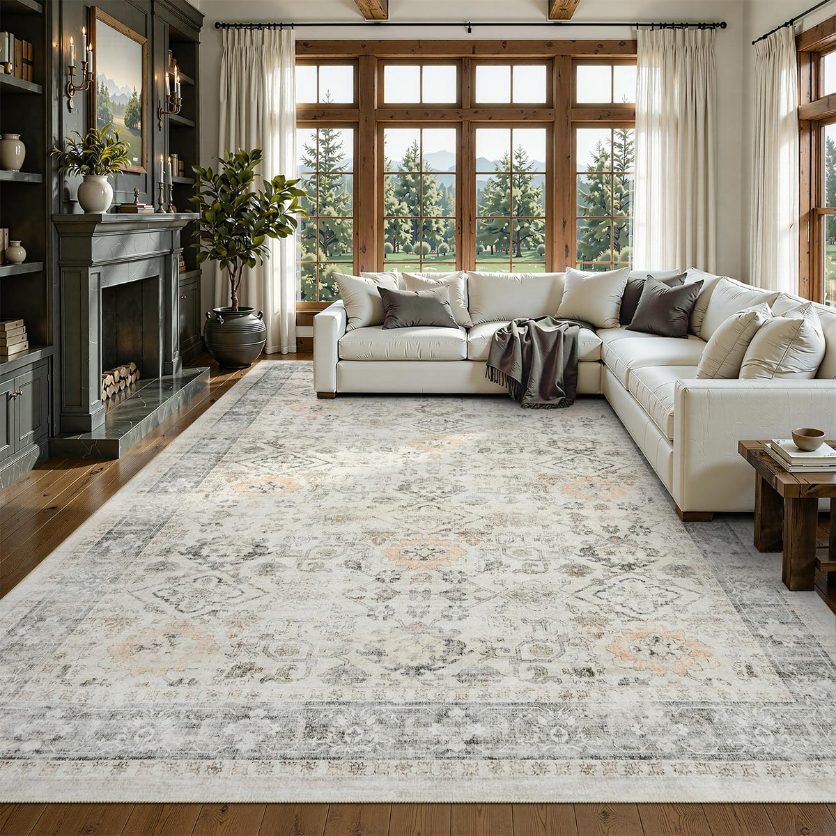 DCX 8x10 Area Rug Living Room: Washable Botanical Carpet Blue and Green