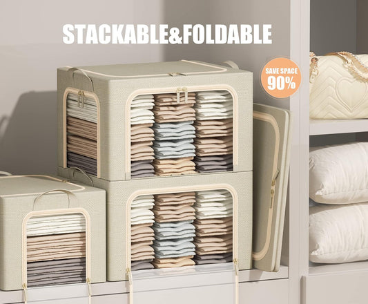 3 Openings Clothes Storage Bins with Metal Frame, Foldable Storage Bin for Clothes, Clothing Storage Bins with Lid, Linen Storage Box With Clear Window& Zippers& Durable Handles.(3 Pcs ,Beige,40L)