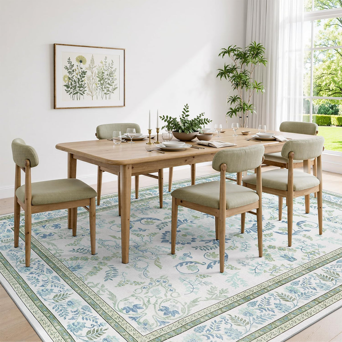 DCX 8x10 Area Rug Living Room: Washable Botanical Carpet Blue and Green