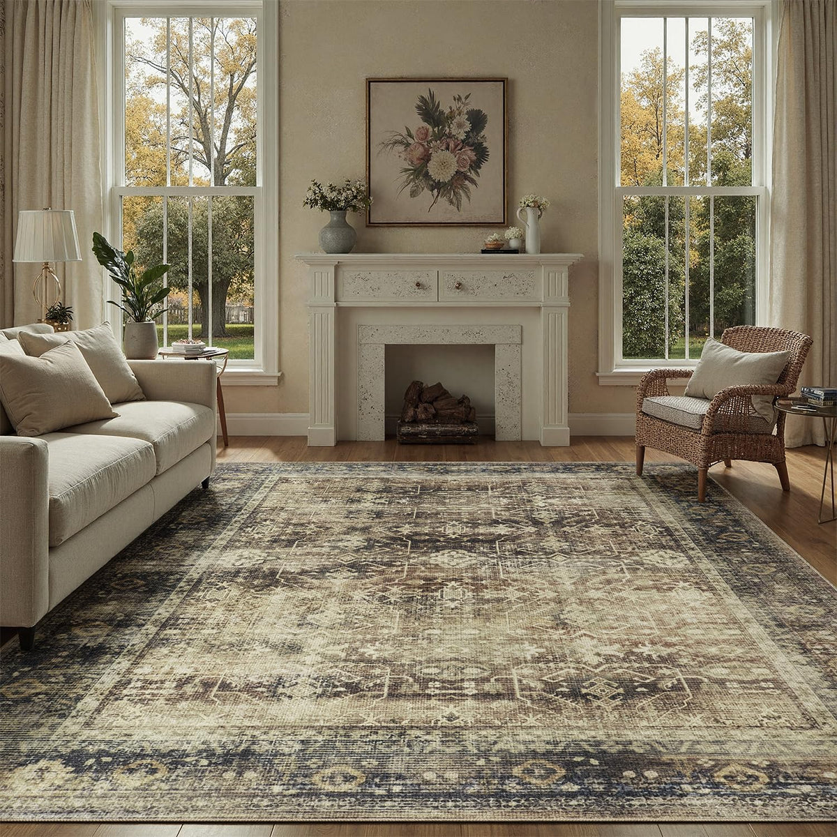 DCX 8x10 Area Rug Living Room: Washable Botanical Carpet Blue and Green