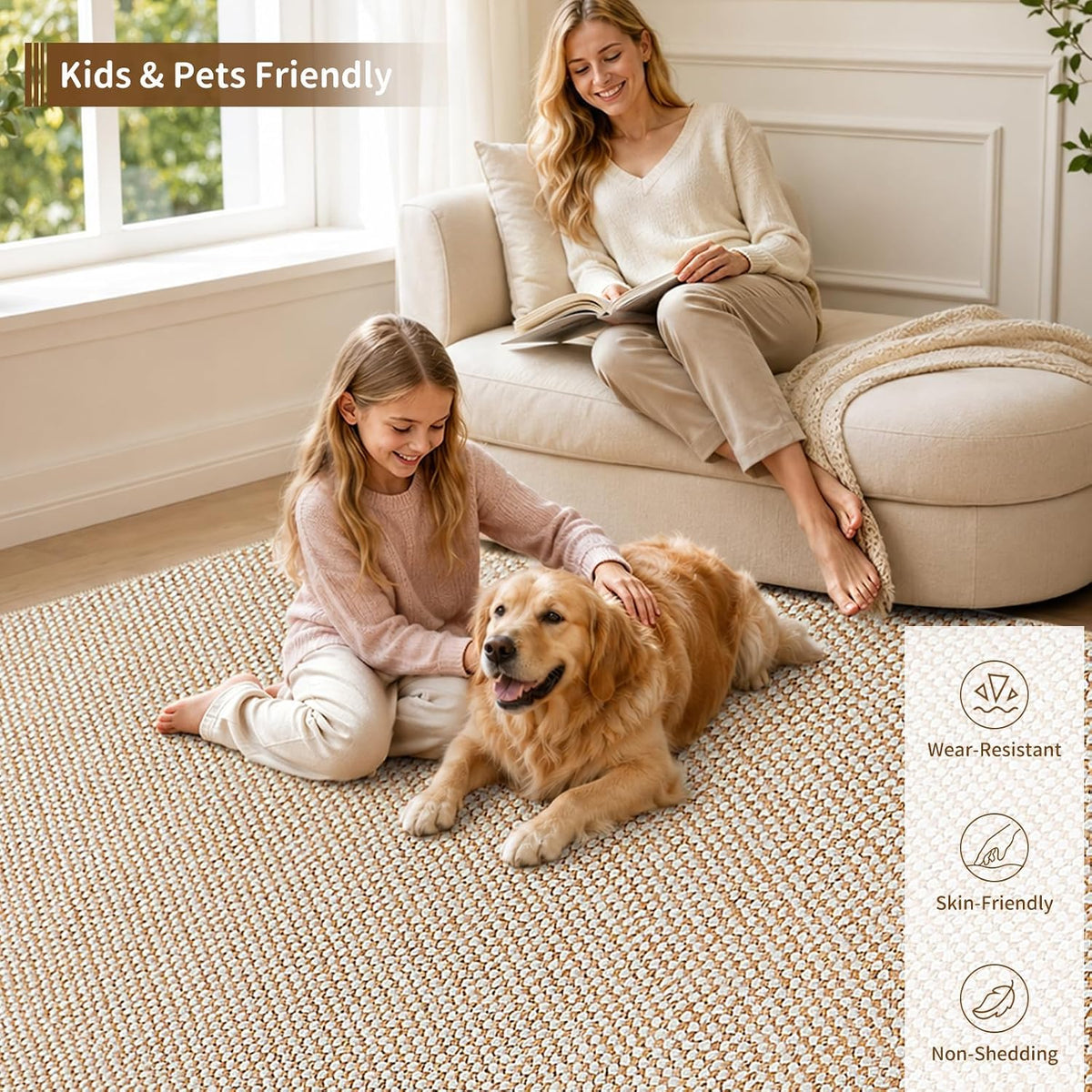 Goyuu Area Rug 8x10, Machine Washable Rug, Faux Wool Blend, Natural Ivory