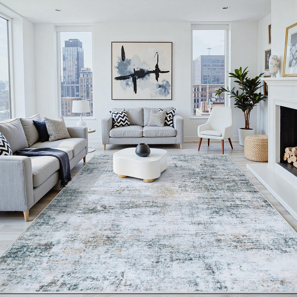 8x10 Washable Area Rug for Living Room Bedroom: Non-Slip Modern White Gray