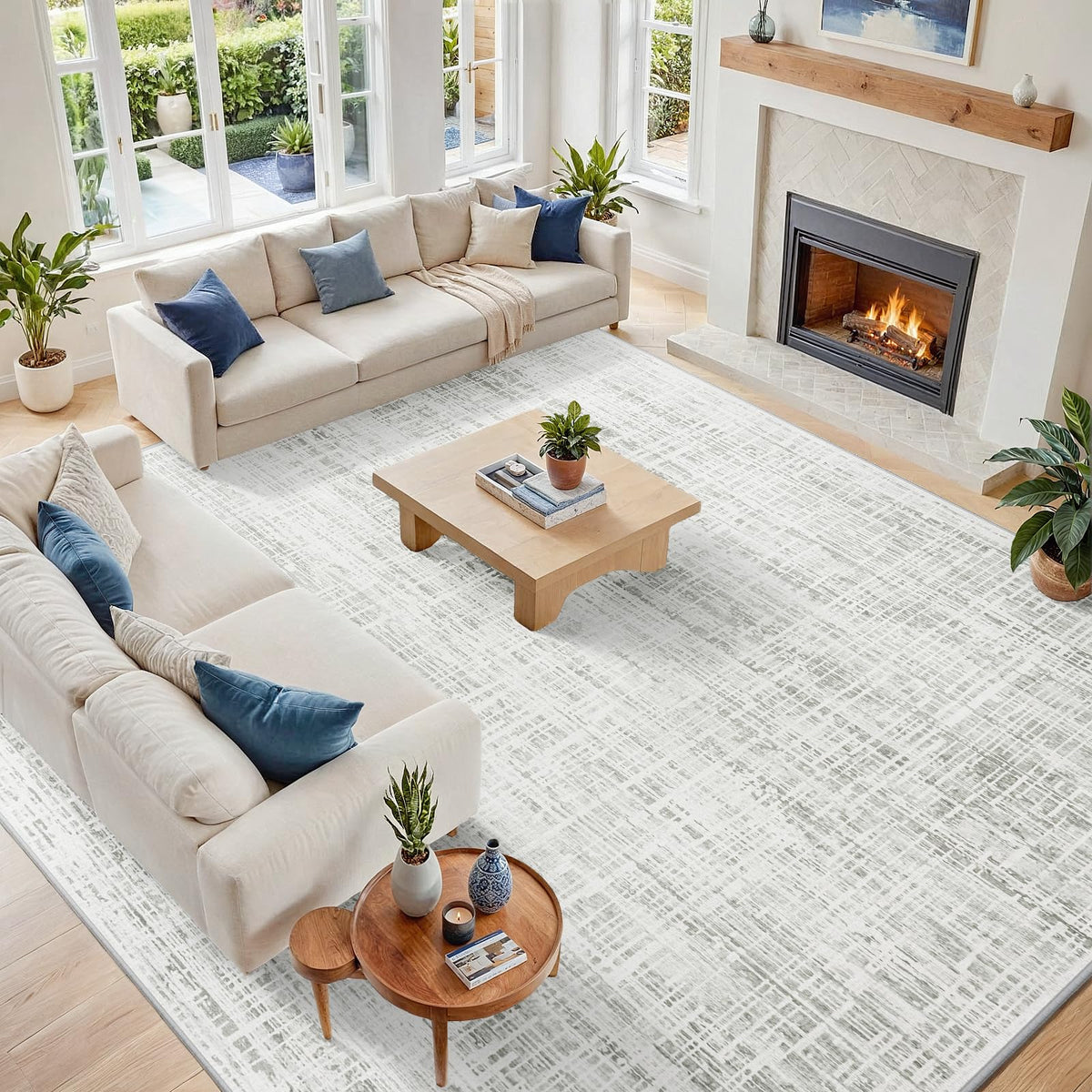 8x10 Washable Area Rug for Living Room Bedroom: Non-Slip Modern White Gray