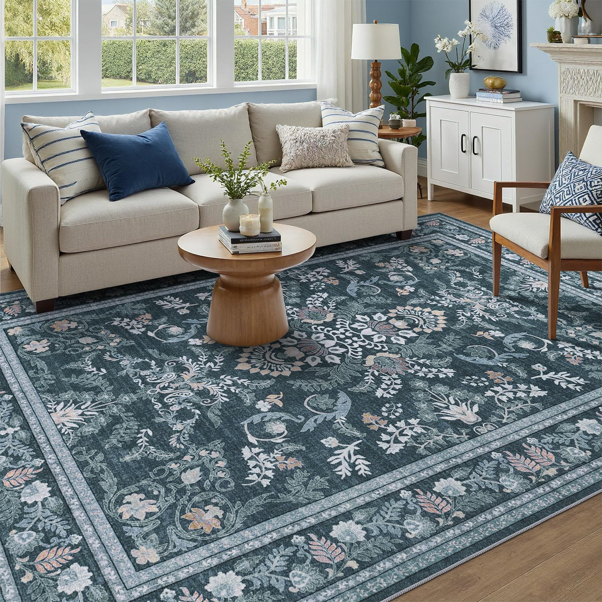 DCX 8x10 Area Rug Living Room: Washable Botanical Carpet Blue and Green