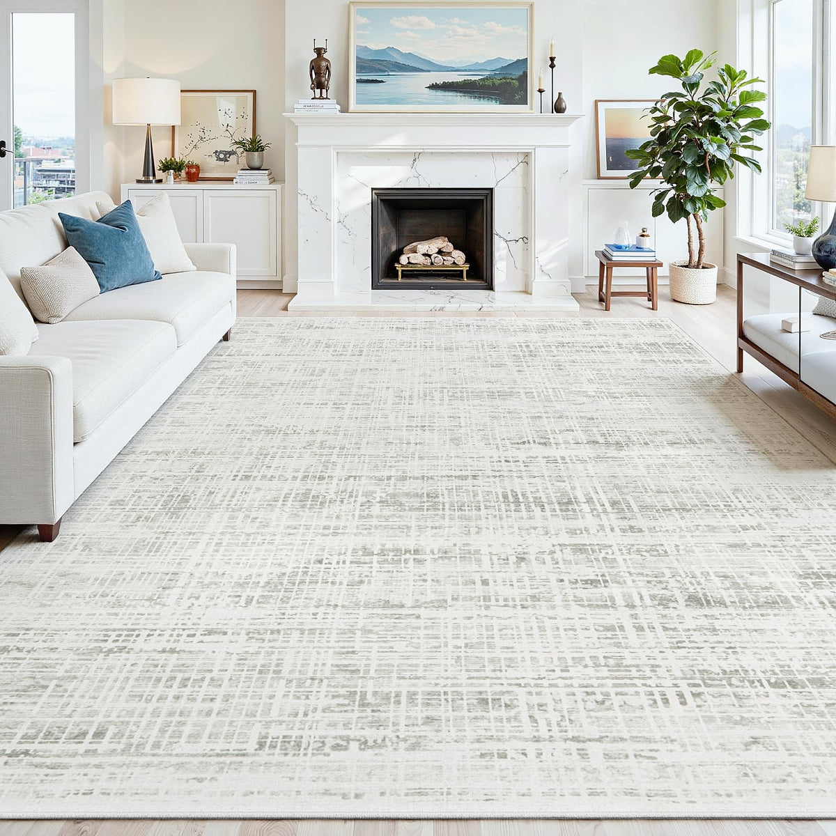 8x10 Washable Area Rug for Living Room Bedroom: Non-Slip Modern White Gray