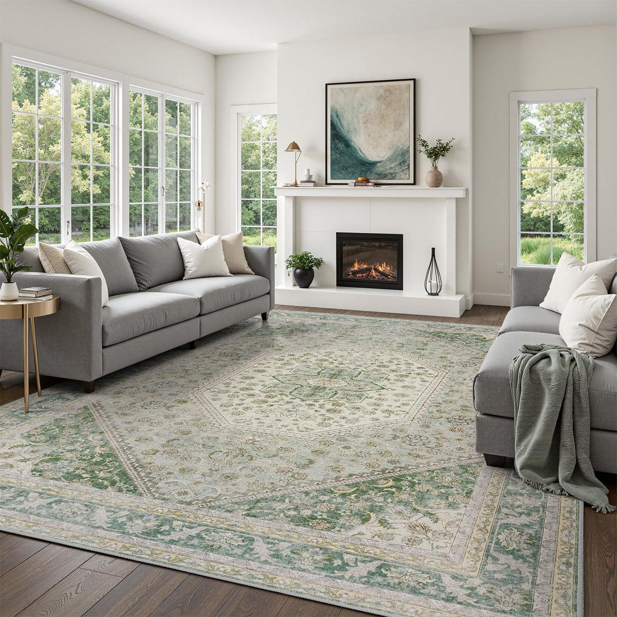 DCX 8x10 Area Rug Living Room: Washable Botanical Carpet Blue and Green