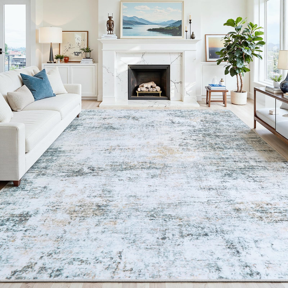8x10 Washable Area Rug for Living Room Bedroom: Non-Slip Modern White Gray